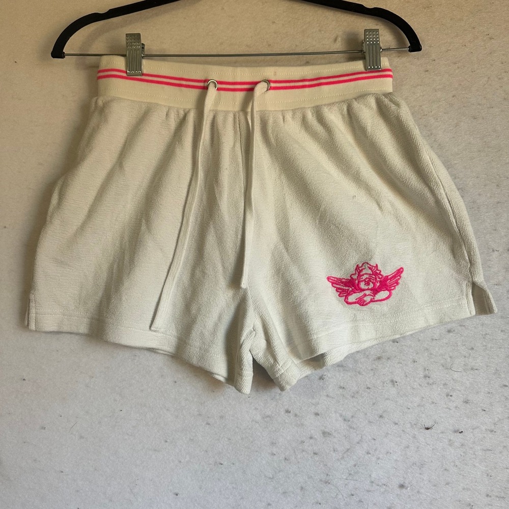 Boys Lie White Terry Cloth Shorts Pink Cherub Logo Striped Waistband XS
